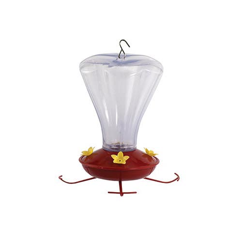 Woodlink Bird Feeder, Flower, Trumpet, 24 oz, 4-Port/Perch, Plastic, Red/Yellow, Hang Mounting