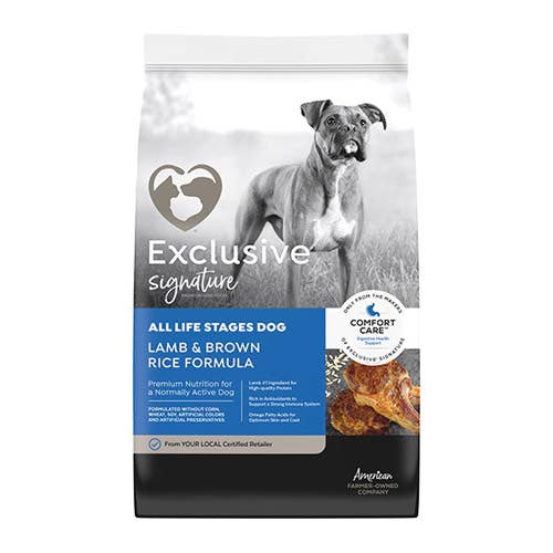 Exclusive Signature 3005427720 Dog Food, Brown Rice, Lamb Flavor, 30 lb Bag
