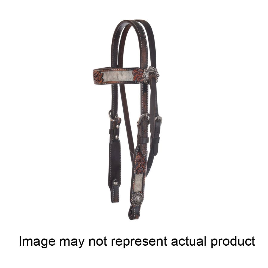 Circle Y Browband Headstall, Inlaid Filigree, Leather/Stainless Steel, Hair and Hide