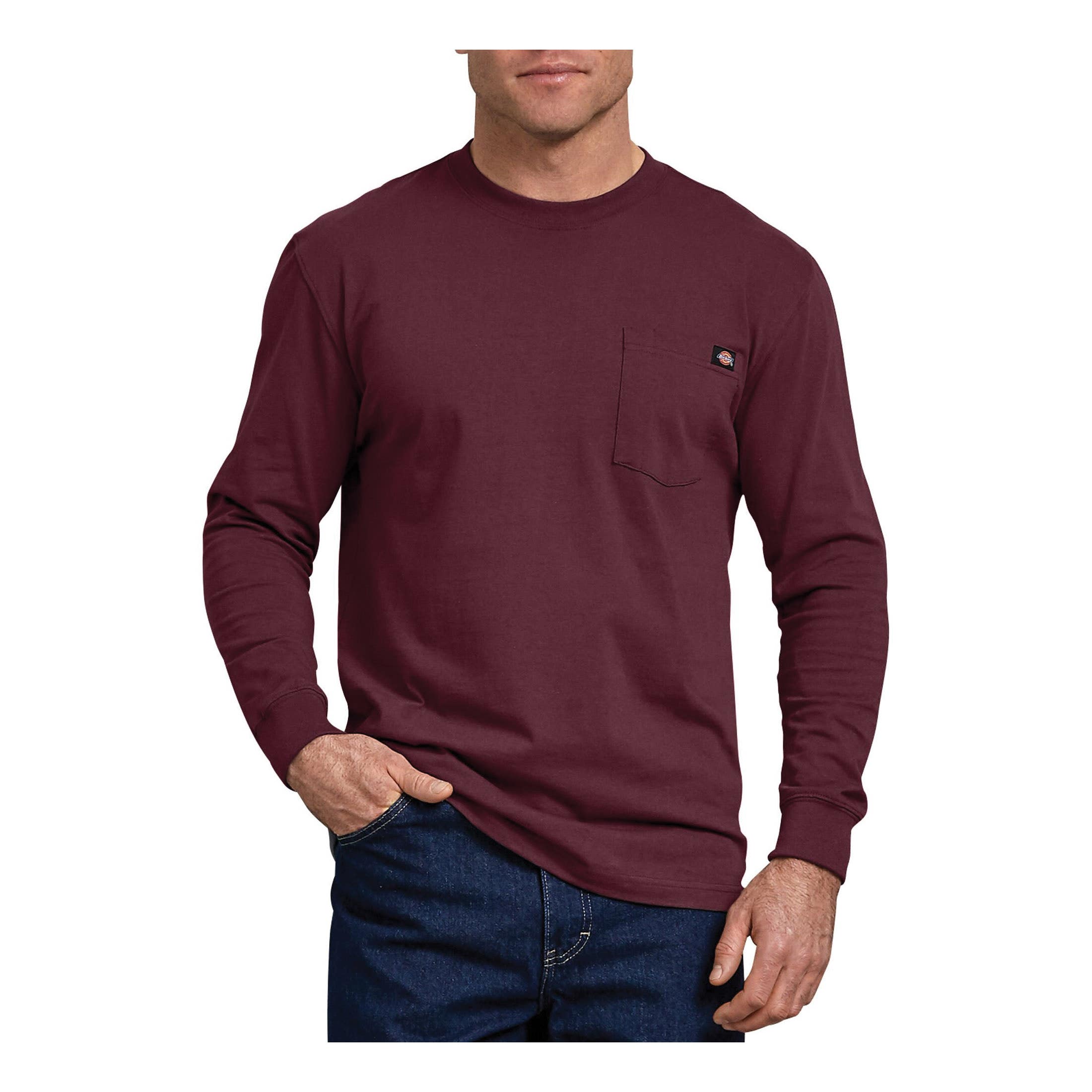 Dickies T-Shirt, 2XL, Tall, Cotton, Burgundy, Crew Neck Collar, Long Sleeve, Original Fit