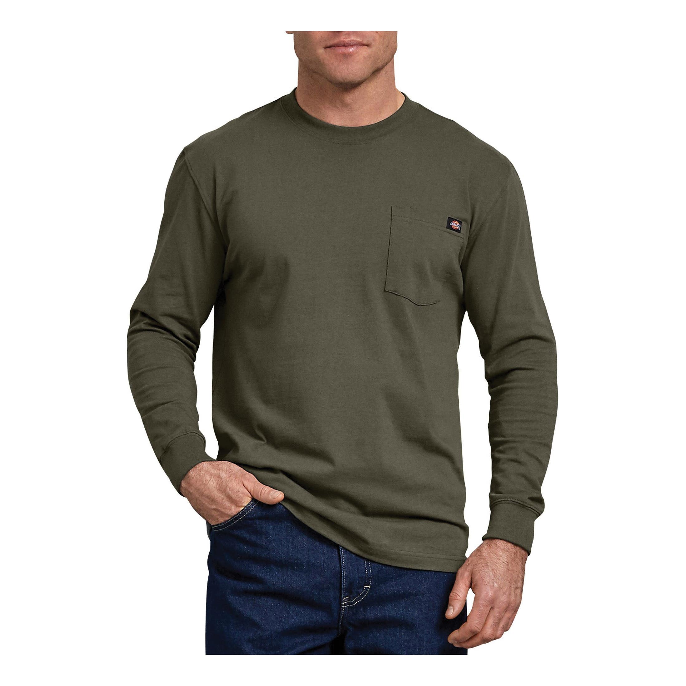 Dickies T-Shirt, 2XL, Tall, Cotton, Moss Green, Crew Neck Collar, Long Sleeve, Original Fit