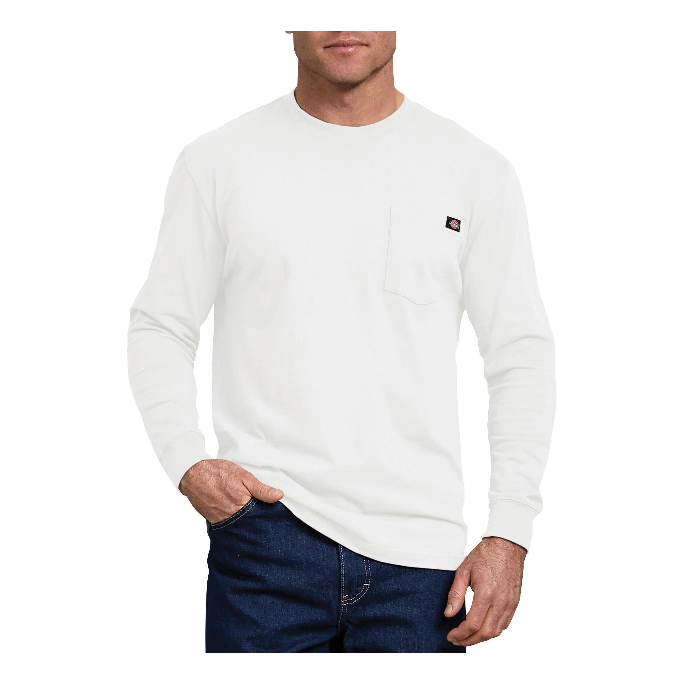 Dickies T-Shirt, L, Tall, Cotton, White, Crew Neck Collar, Long Sleeve, Original Fit