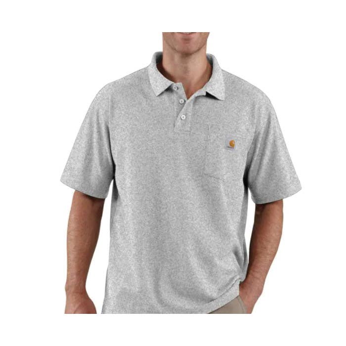 Carhartt T-Shirt, M, Cotton/Polyester, Heather Gray, Polo, Rib-Knit Collar, Short Sleeve, Loose Fit