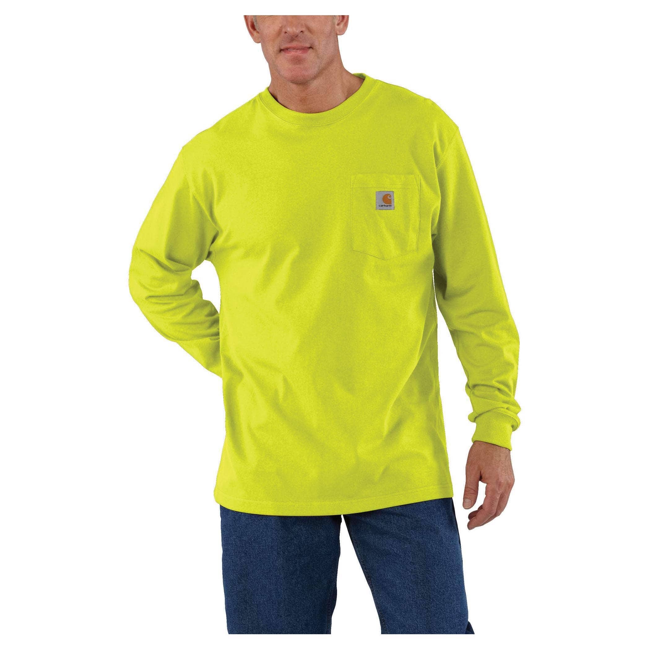 Carhartt T-Shirt, XL, Cotton, Bright Lime, Carhartt Patch Print/Pattern, Crew Neck Collar, Long Sleeve