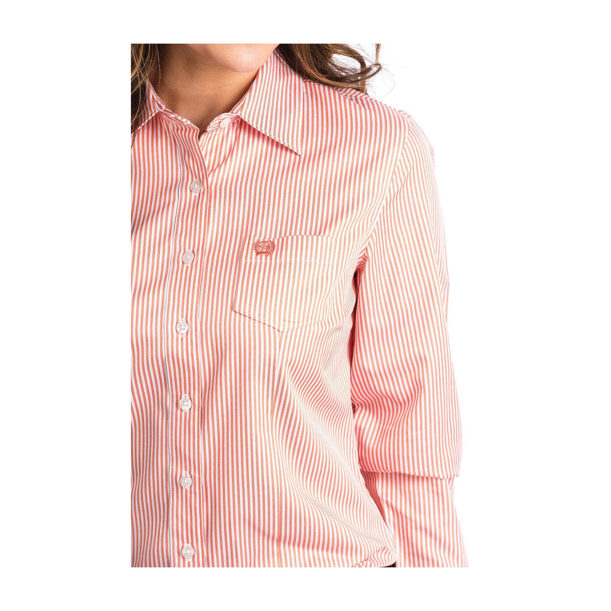 Cinch Shirt, M, Cotton, Coral/White, Logo Embroidery, Striped, Button-Up, Spread, Long Sleeve, Button