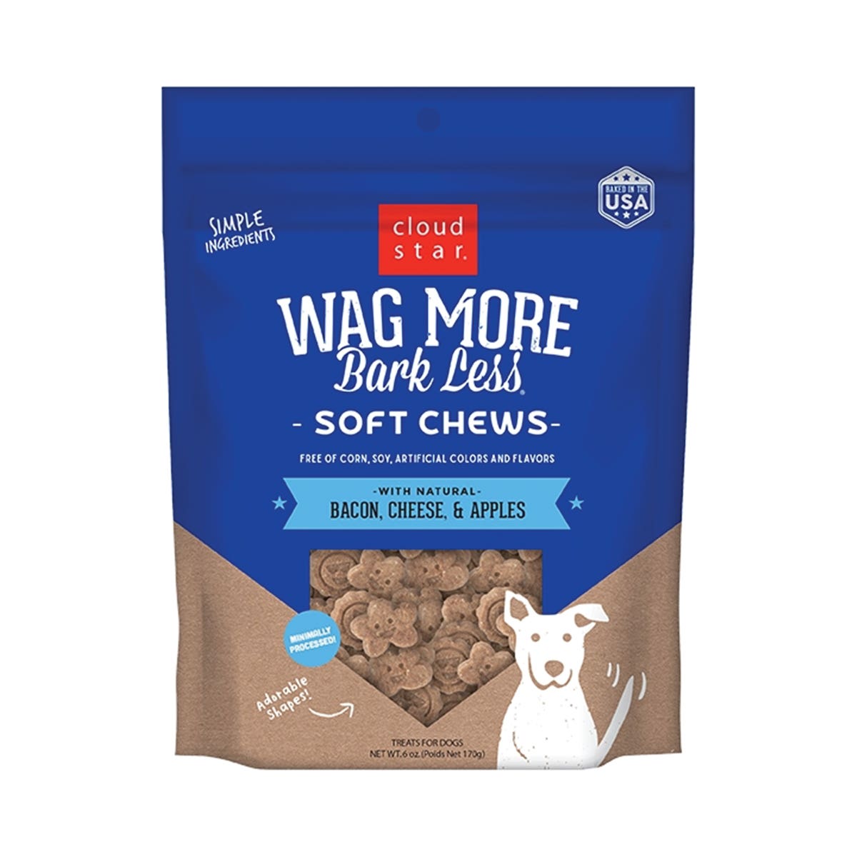 cloud star Wag More Bark Less Dog Treat, Soft Chew, Apple, Bacon, Cheese Flavor, 6 oz Bag