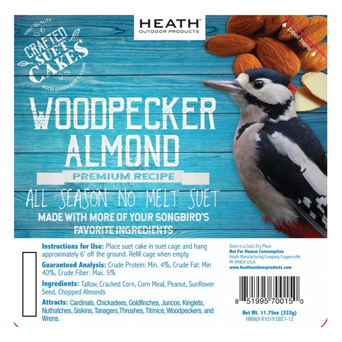 Heath Wild Bird Seed, Crafted Suet, Cake, 11.75 oz, Pack, 12/PK