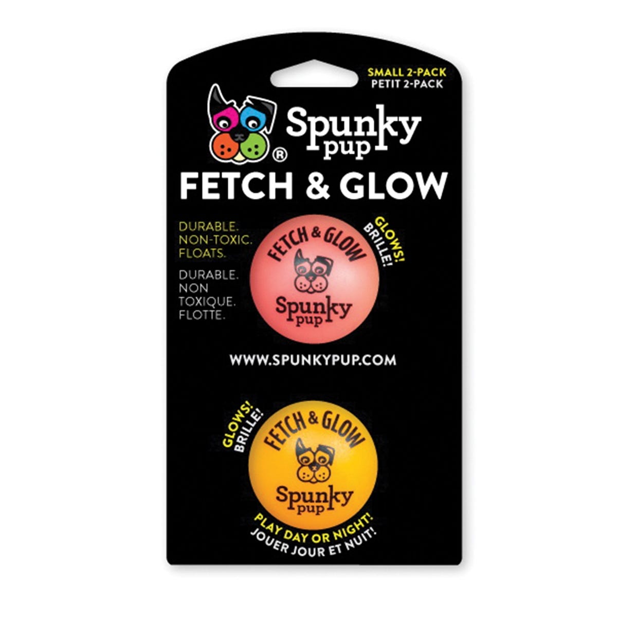 Spunky Pup 1957 Dog Toy, S, Fetch Toy, Fetch and Glow Ball, Assorted/Neon