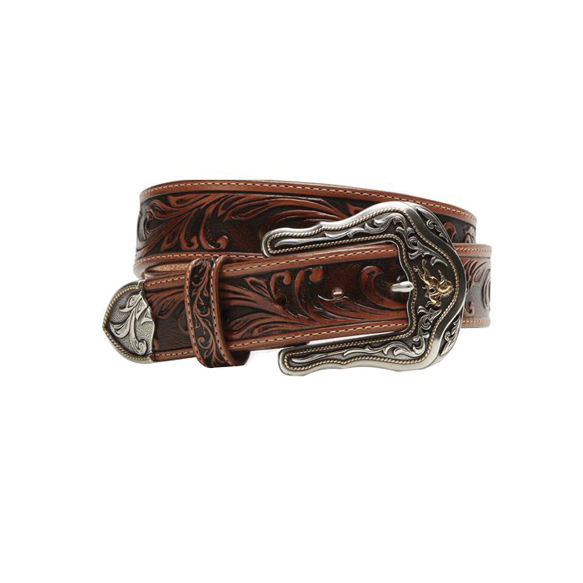 Tony Lama Belt, Men's, 38 in, Horse and Rider, Rope Buckle, Nickel/Zinc-Plated Buckle, Leather, Tan