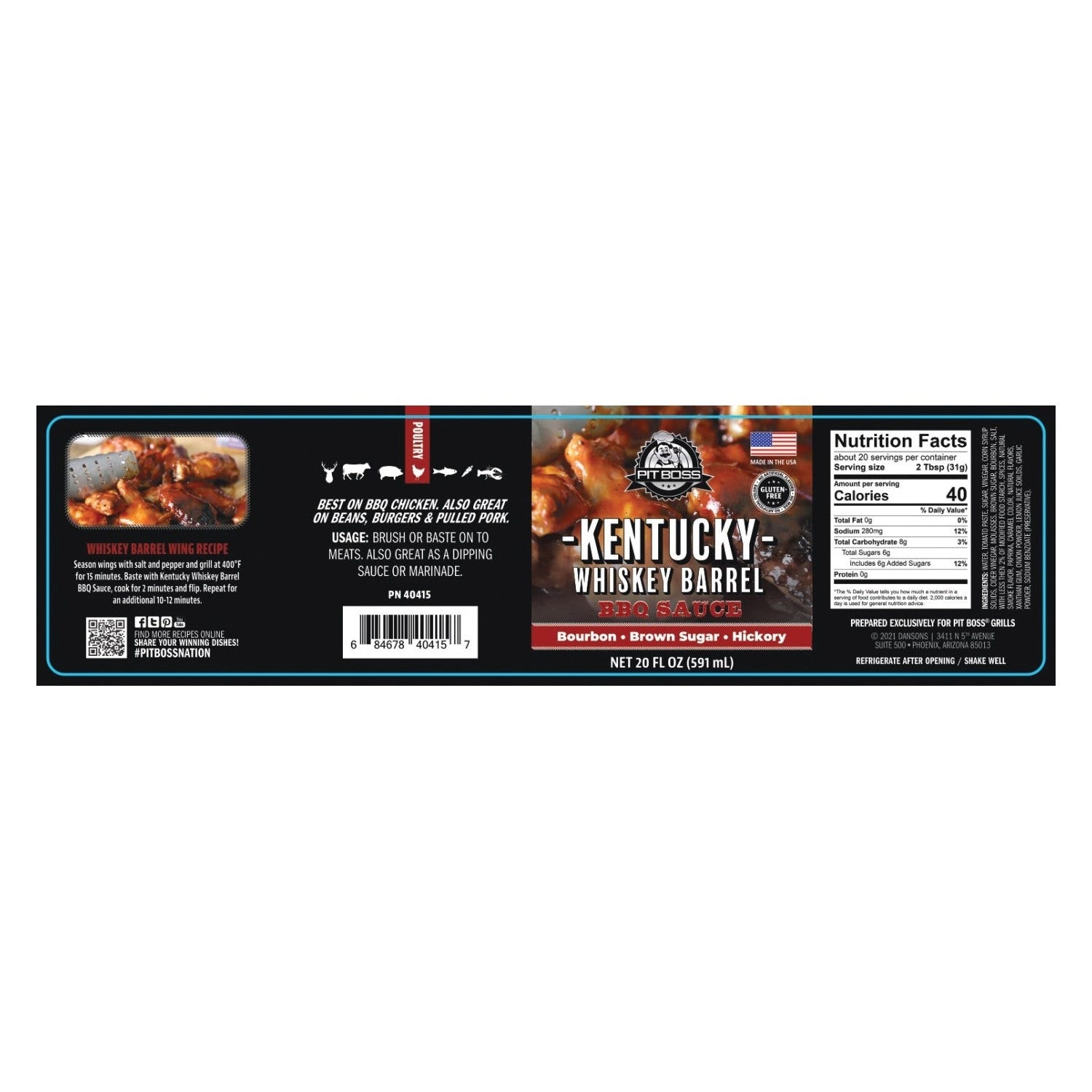 Pit Boss Kentucky Whiskey Barrel BBQ Sauce, Bourbon, Brown Sugar, Hickory, 22 oz