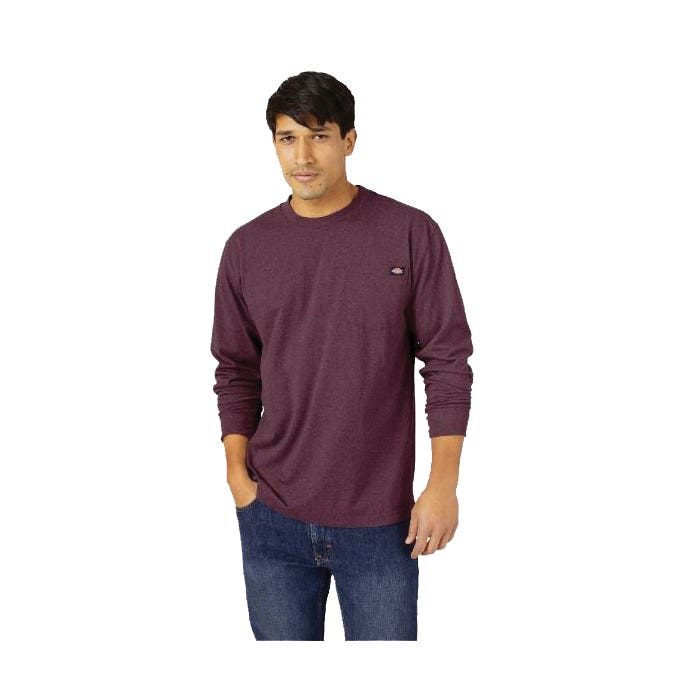 DICKIES Men's Heavyweight Heathered Long Sleeve Pocket T-Shirt, Burgundy Heather, 2XL