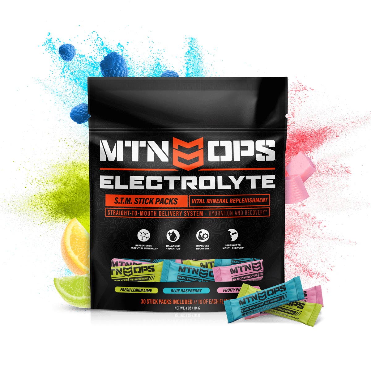 Mtn Ops Electrolyte STM Stick Pack, Blue Raspberry, Fresh Lemon Lime, Fruity Pink Burst