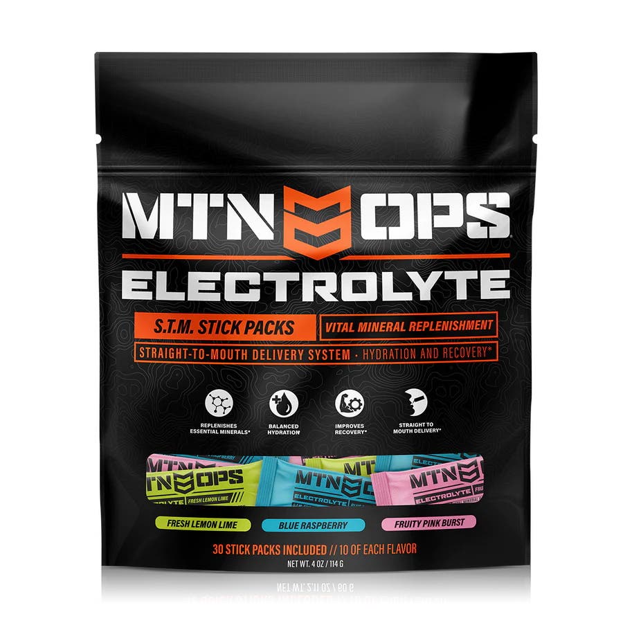 Mtn Ops Electrolyte STM Stick Pack, Blue Raspberry, Fresh Lemon Lime, Fruity Pink Burst