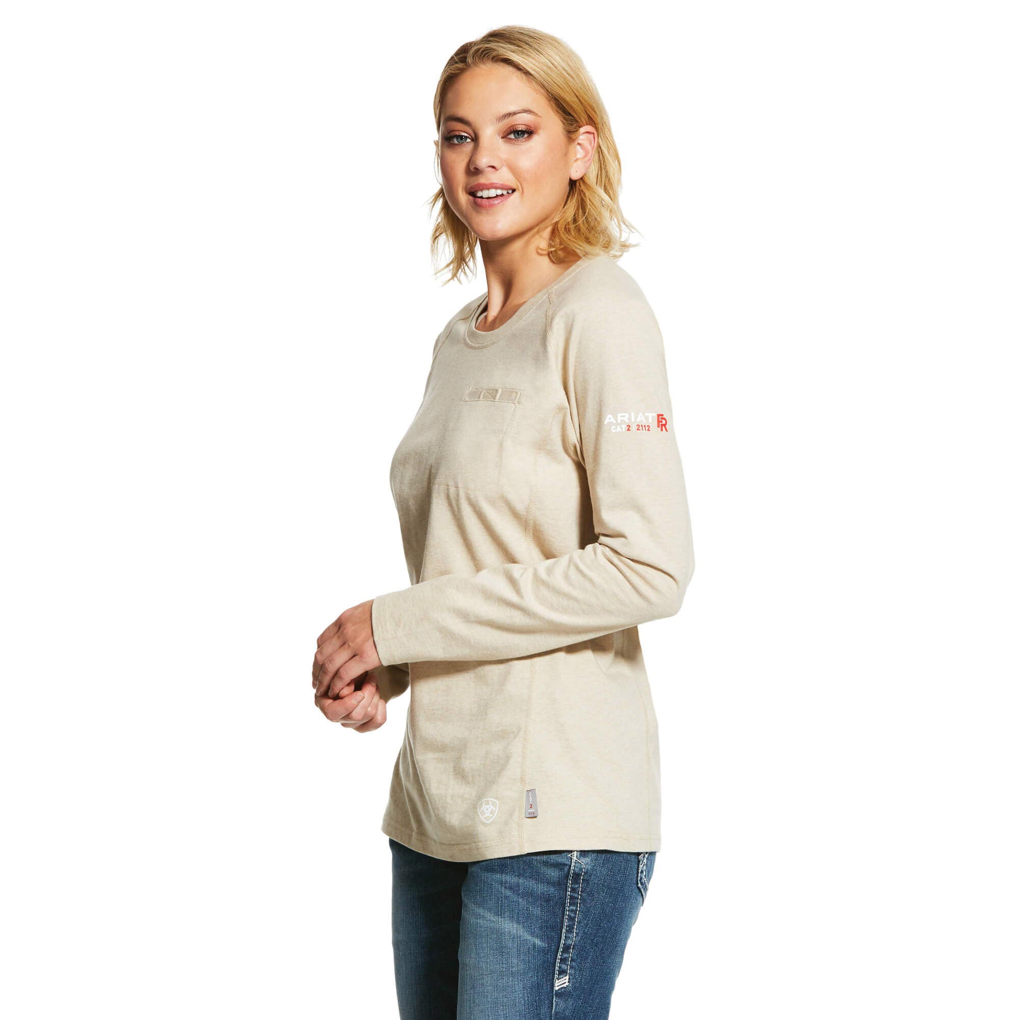 Ariat 10031020-XL Flame-Resistant Air Crew T-Shirt, Women's, XL, Crew Neck, Ribbed, Long Sleeve, Sand Heather