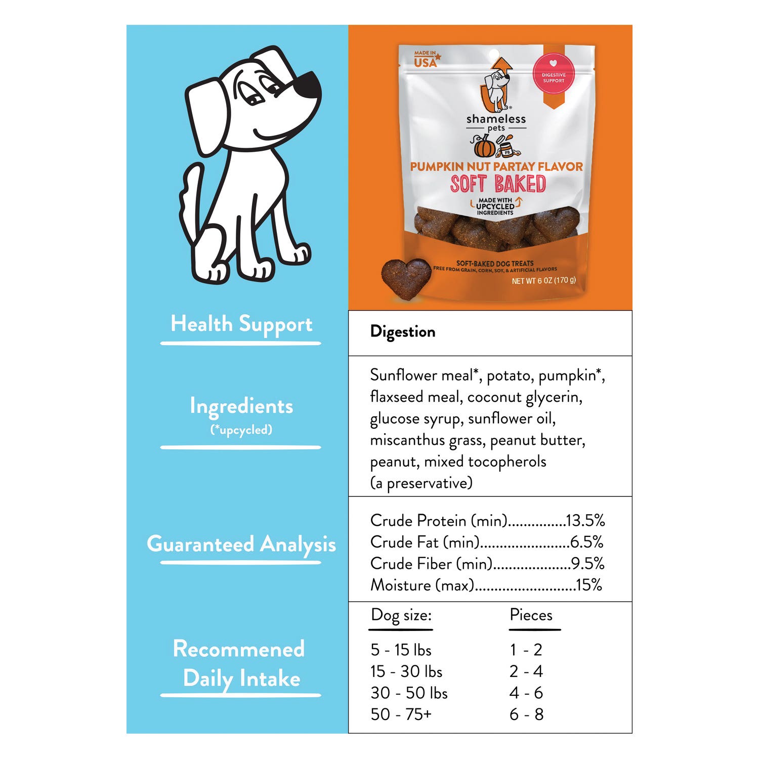 Shameless Pets SHP00133 Soft Baked Dog Treat, All Breed, Pumpkin, Peanut Butter Flavor, 6 oz Bag