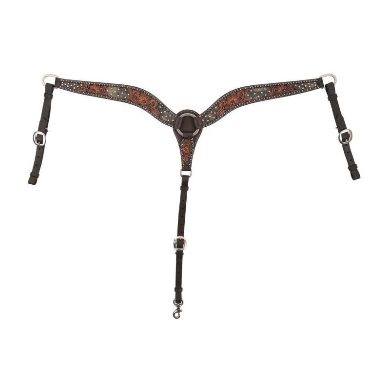 Circle Y Dark Flash Arizona Flower Breast Collar, 1-1/4 to 2 in W, Horse, Leather, Chocolate
