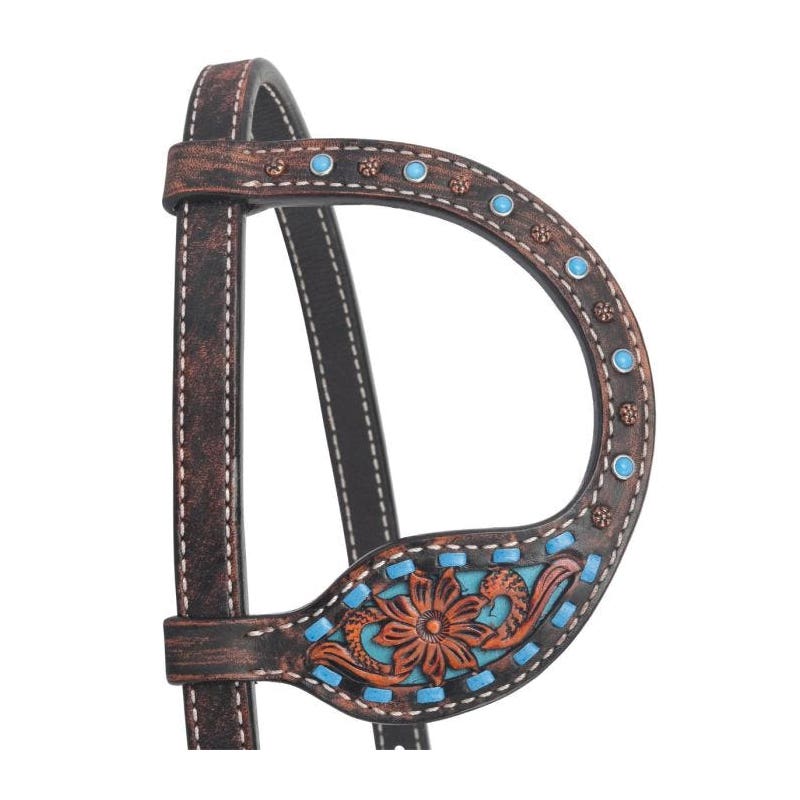 Circle Y One Ear Headstall, Horse, Bronco Blue Texas Flower, Chocolate