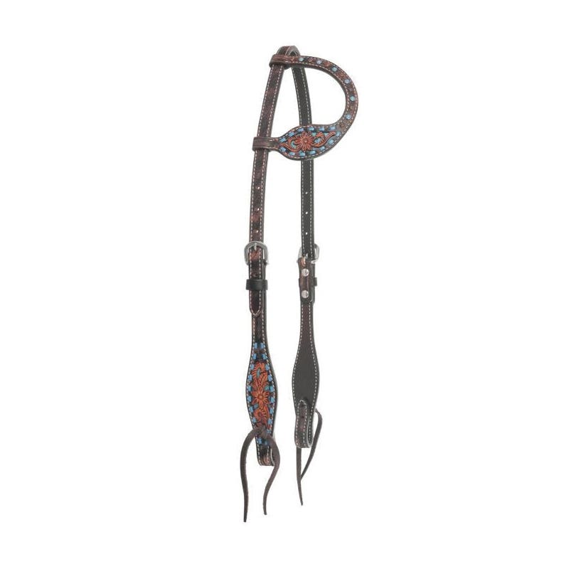 Circle Y One Ear Headstall, Horse, Bronco Blue Texas Flower, Chocolate