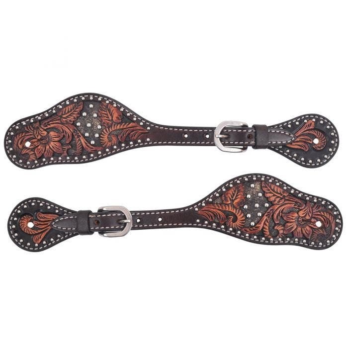 Circle Y Spur Straps, Men's, Dark Flash Arizona Flower, Leather, Chocolate/Silver