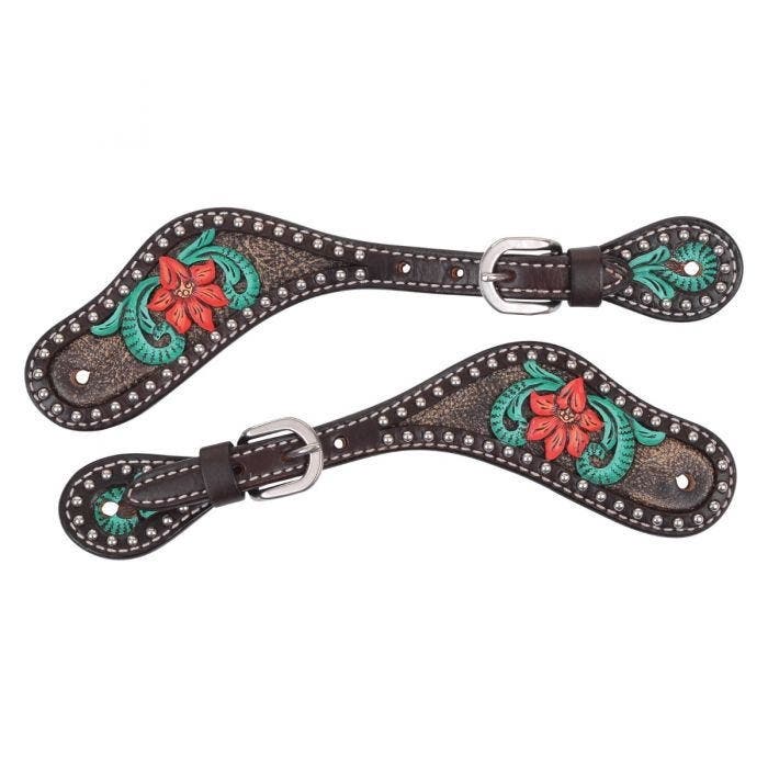 Circle Y Spur Straps, Women's, Cactus Flower, Leather/Stainless Steel, Chocolate/Silver