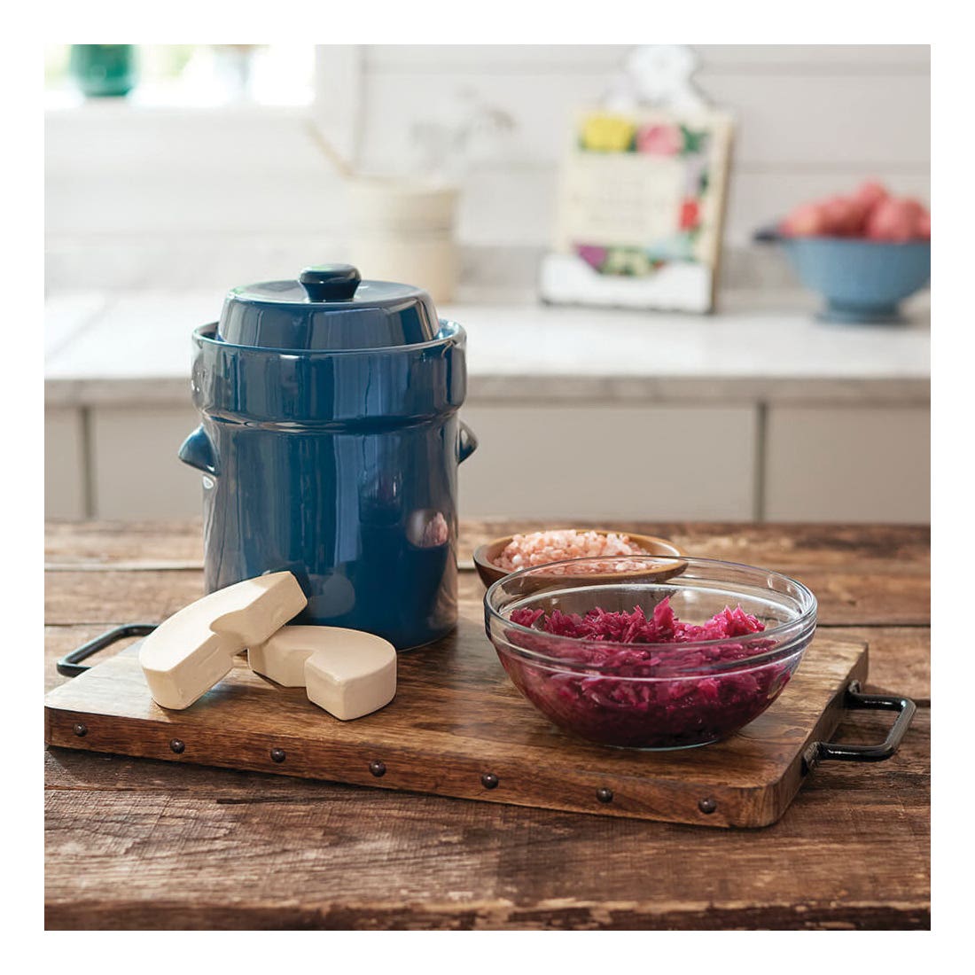 LEM Traditional Crock Set, 1-1/3 gal Capacity, 16-1/8 in H, Stoneware Clay, Blue, Glazed