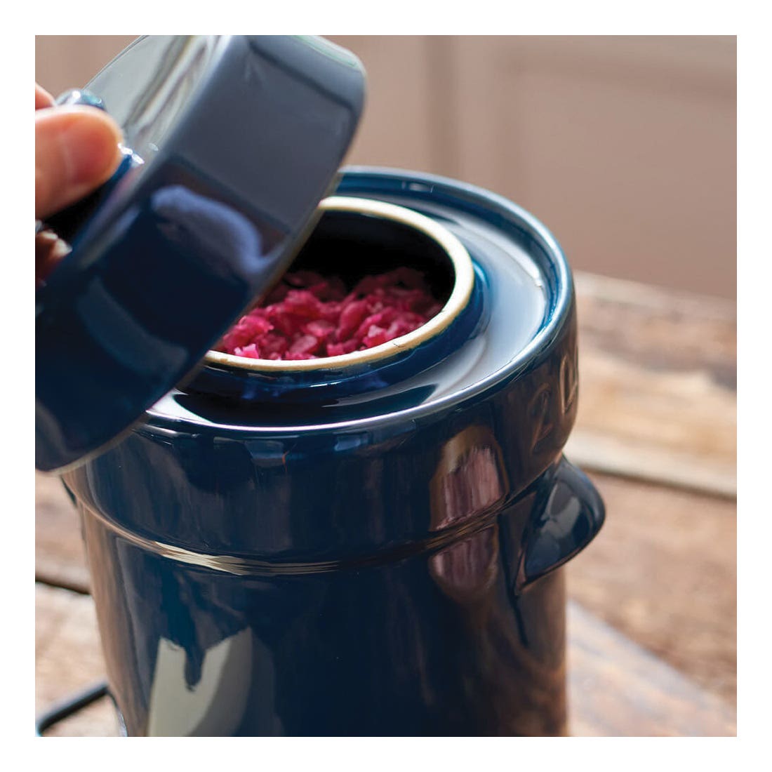 LEM Traditional Crock Set, 1-1/3 gal Capacity, 16-1/8 in H, Stoneware Clay, Blue, Glazed