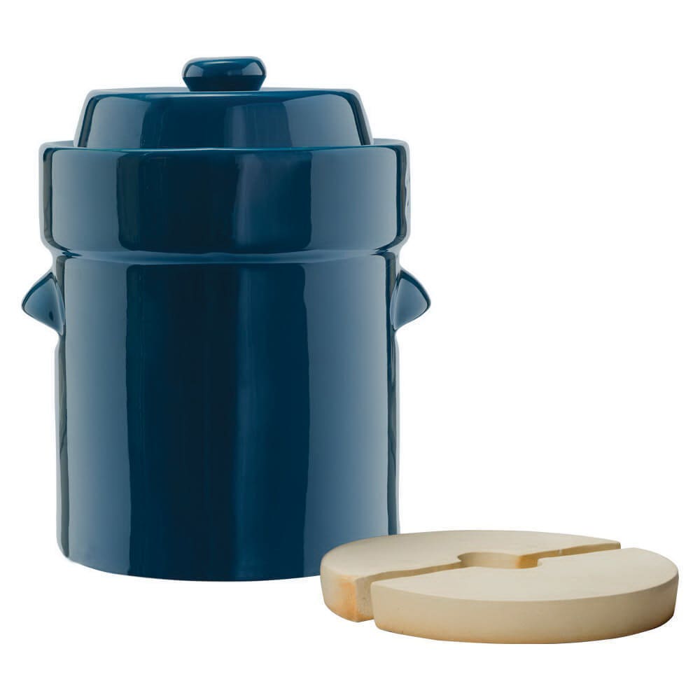 LEM Traditional Crock Set, 1-1/3 gal Capacity, 16-1/8 in H, Stoneware Clay, Blue, Glazed