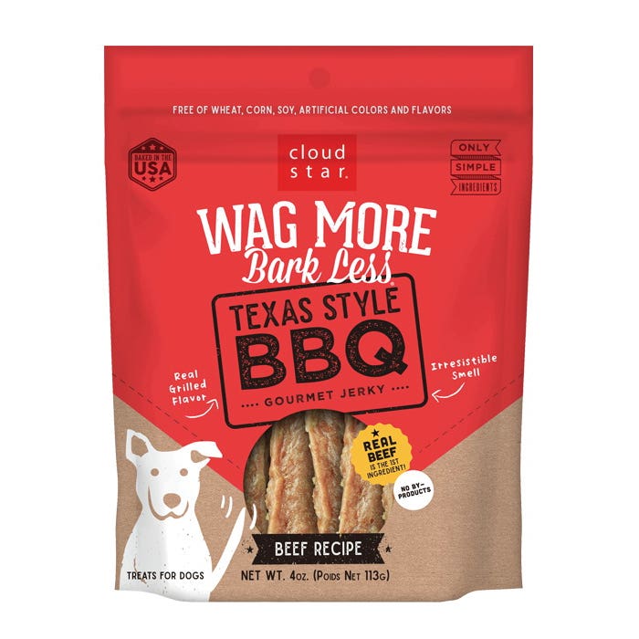 cloud star WAG MORE BARK LESS Series Texas Style BBQ Treat, Jerky, Natural Smoke Flavor, 4 oz