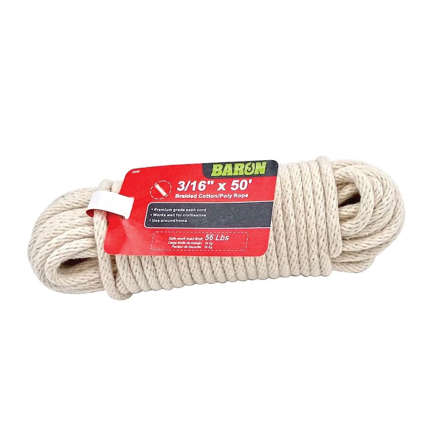 Baron 42605 Cord, 3/16 in Dia, 50 ft L, 56 lb Working Load, Cotton/Poly, White