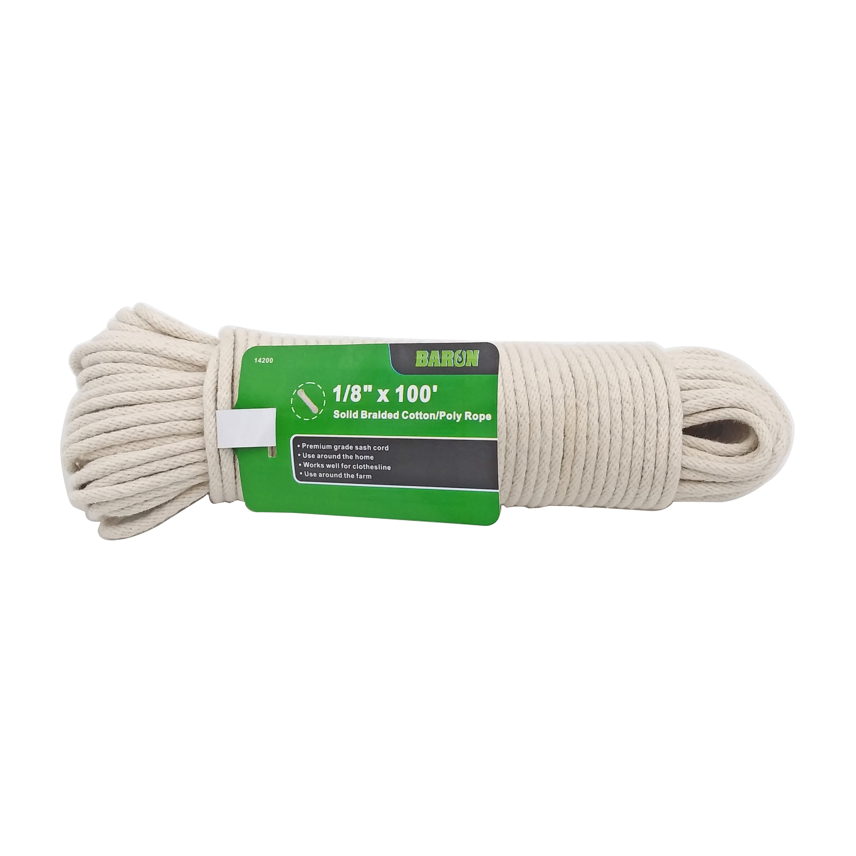 Baron 14200 Rope, 1/8 in Dia, 100 ft L, 18 lb Working Load, Cotton/Polypropylene, White