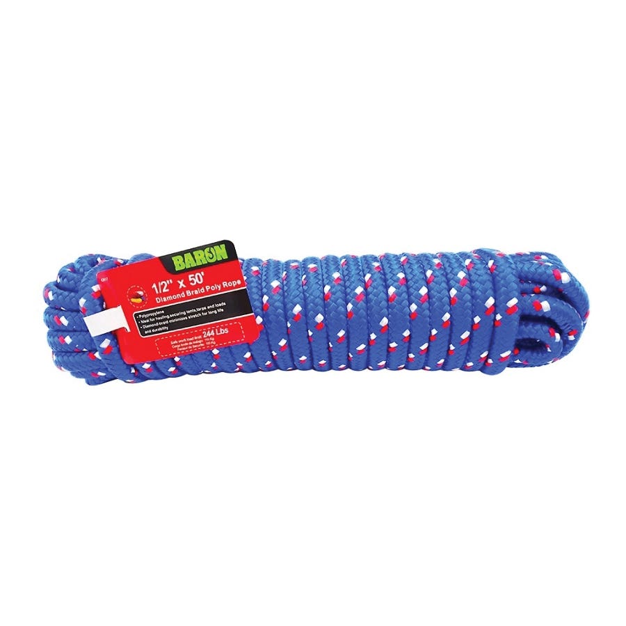 Baron 42617 Rope, 1/2 in Dia, 50 ft L, 244 lb Working Load, Polypropylene, Blue/Red/White