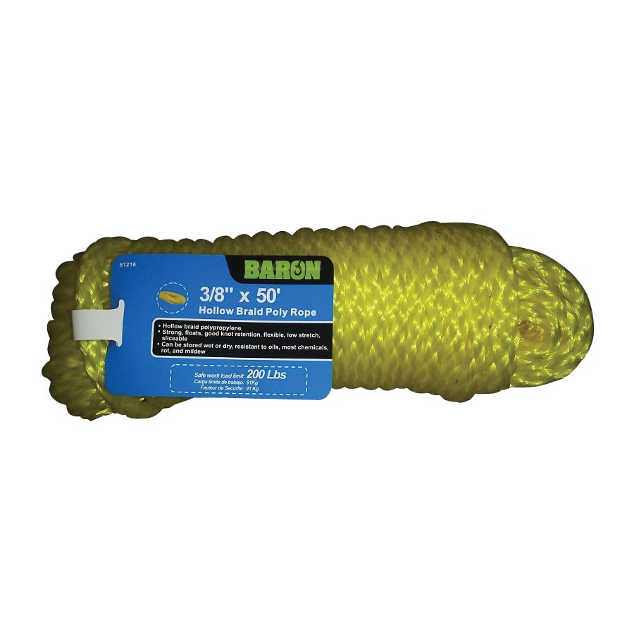 Baron 51216 Rope, 3/8 in Dia, 50 ft L, 200 lb Working Load, Polypropylene, Yellow