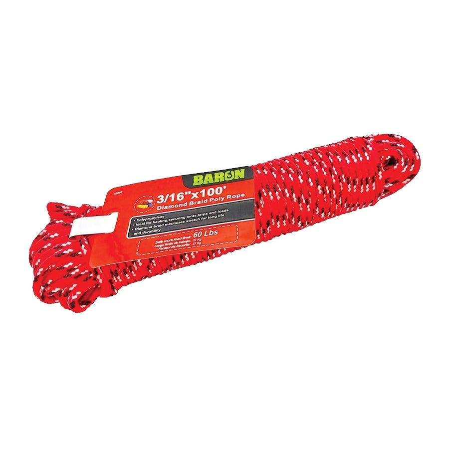 Baron 52607 Rope, 3/16 in Dia, 100 ft L, 40 lb Working Load, Polypropylene, Assorted