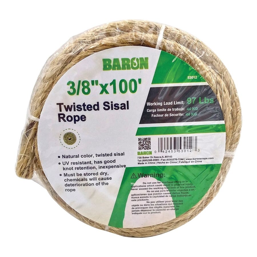 Baron 53012 Rope, 3/8 in Dia, 100 ft L, 87 lb Working Load, Sisal, Natural