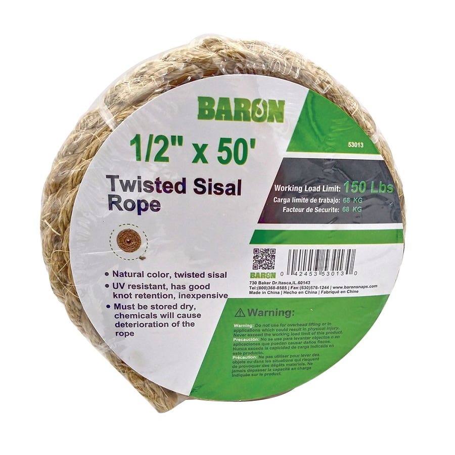 Baron 53013 Utility Rope, 1/2 in Dia, 50 ft L, 150 lb Working Load, Sisal, Natural