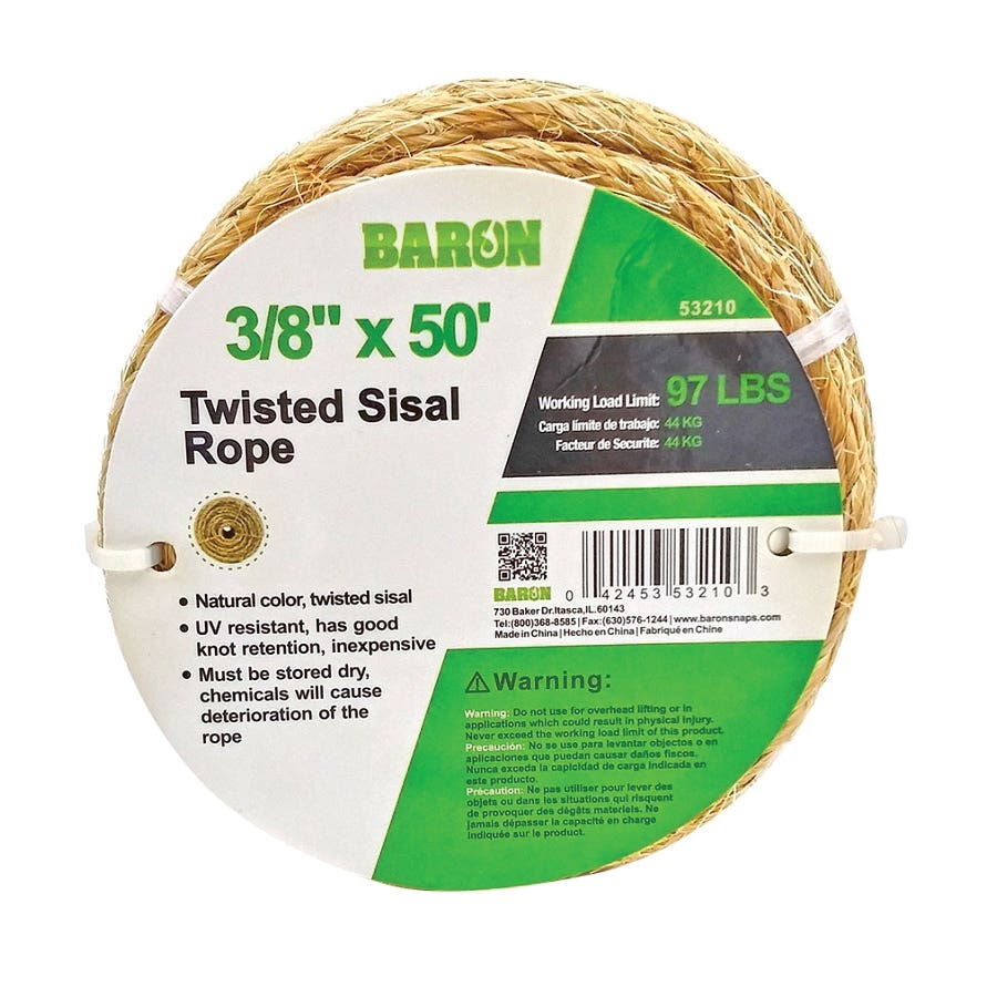 Baron 53210 Rope, 3/8 in Dia, 50 ft L, 97 lb Working Load, Sisal, Natural