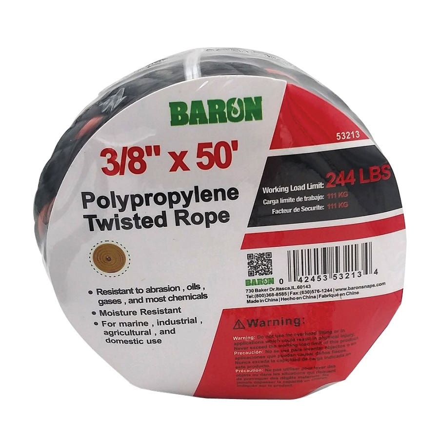 Baron 53213 Truck Rope, 3/8 in Dia, 50 ft L, 244 lb Working Load, Polypropylene, Black/Orange