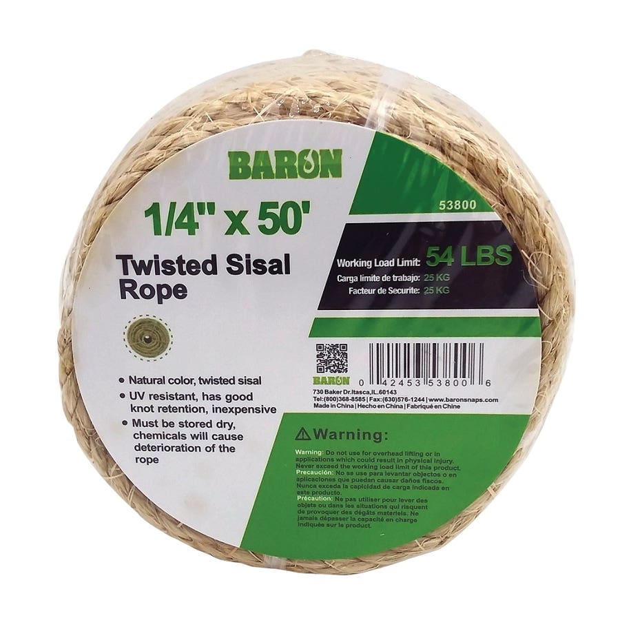 Baron 53800 Rope, 1/4 in Dia, 50 ft L, 54 lb Working Load, Sisal, Natural