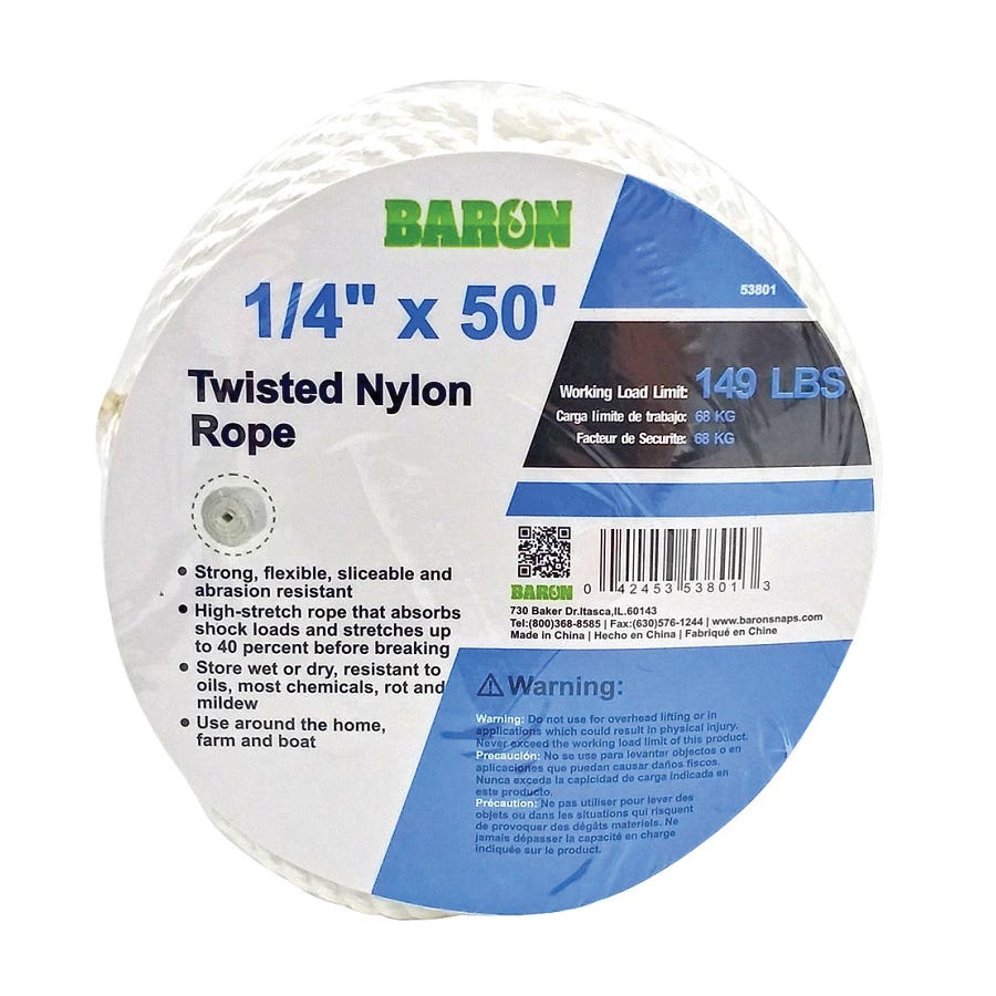 Baron 53801 Rope, 1/4 in Dia, 50 ft L, 149 lb Working Load, Nylon, White