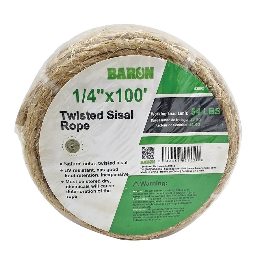 Baron 53802 Utility Rope, 1/4 in Dia, 100 ft L, 54 lb Working Load, Sisal, Natural