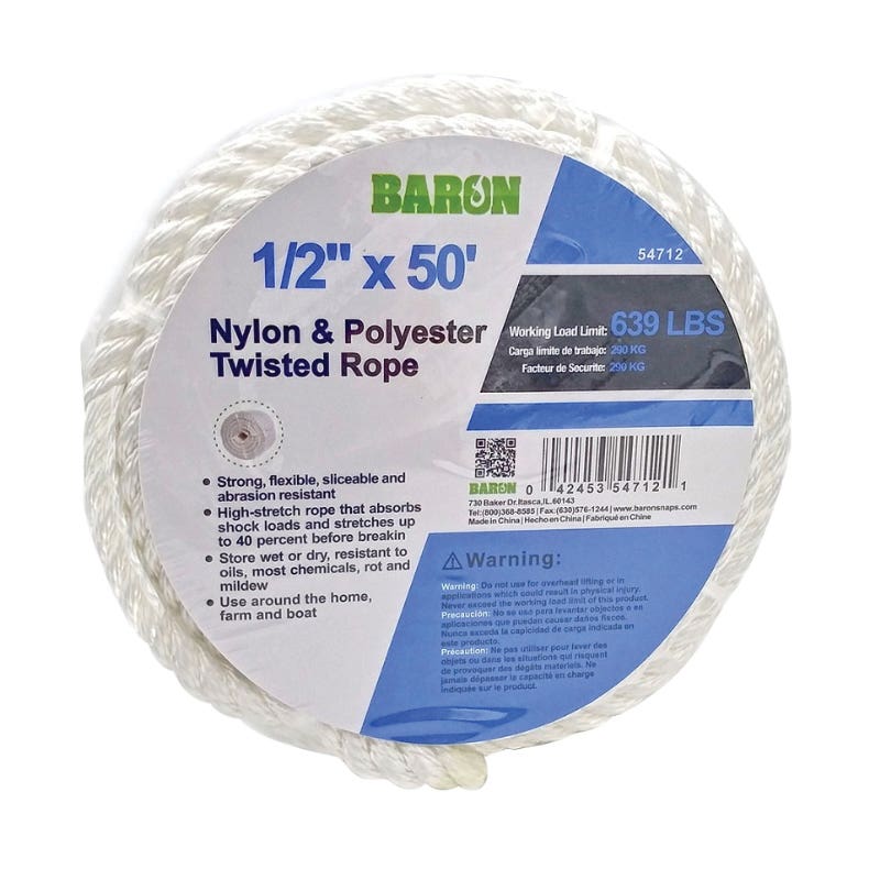 Baron 54712 Rope, 1/2 in Dia, 50 ft L, 639 lb Working Load, Nylon, White