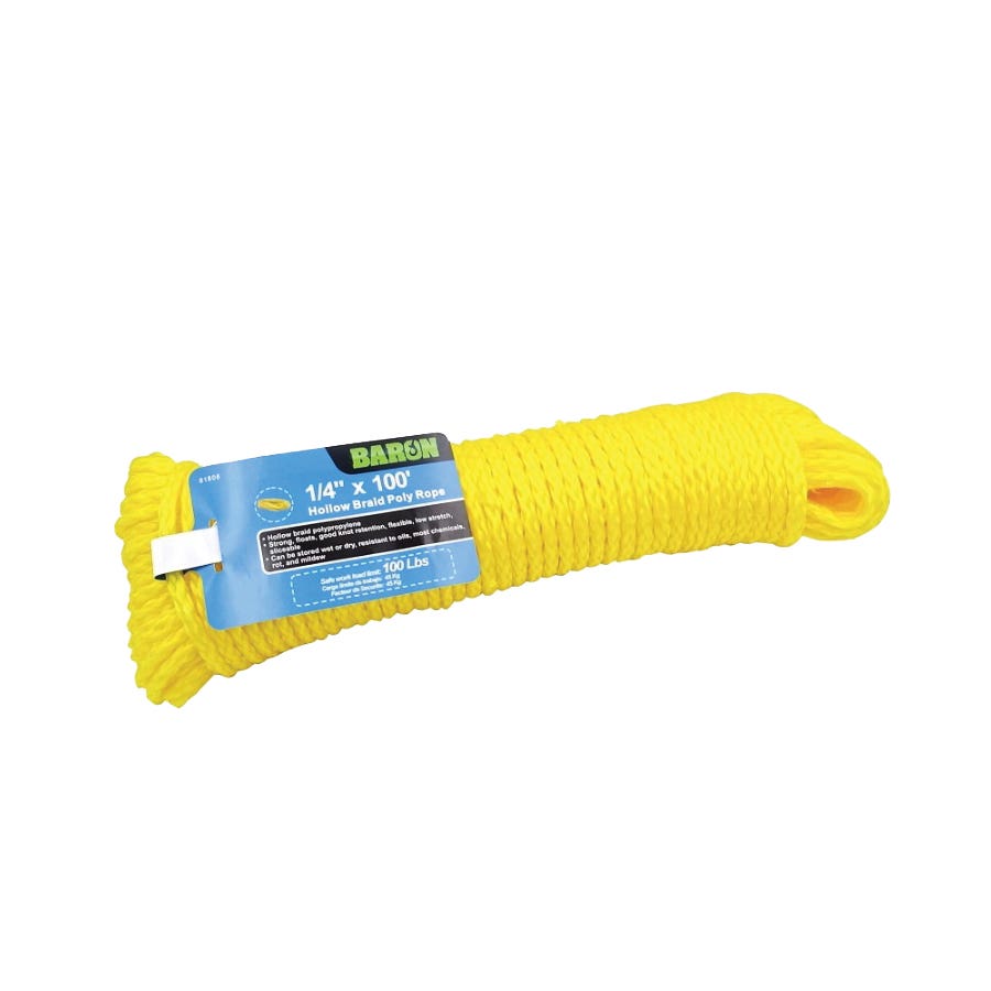 Baron 61806 Rope, 1/4 in Dia, 100 ft L, #8, 100 lb Working Load, Polypropylene, Yellow