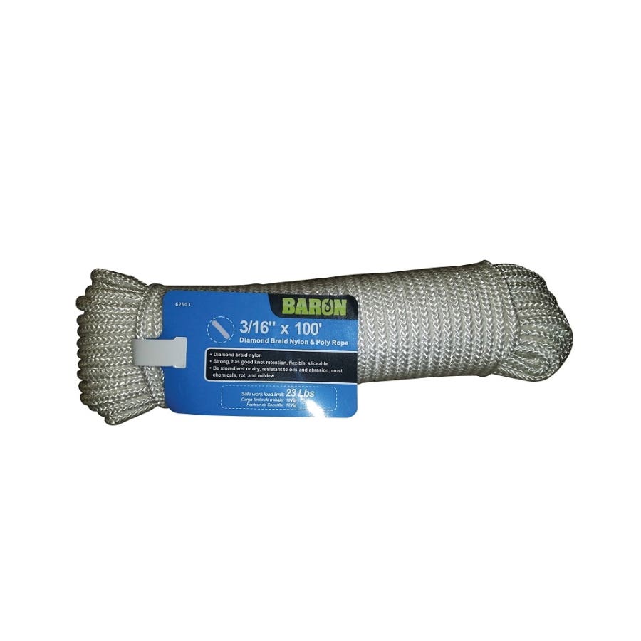 Baron 62603 Rope, 3/16 in Dia, 100 ft L, 70 lb Working Load, Nylon, White
