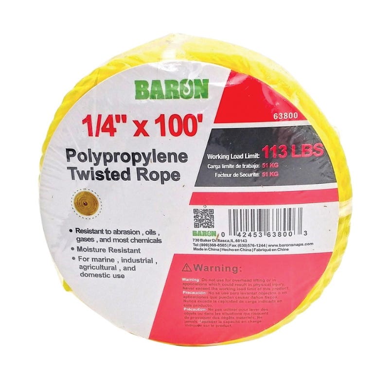 Baron 63800 Rope, 1/4 in Dia, 100 ft L, 113 lb Working Load, Polypropylene, Yellow