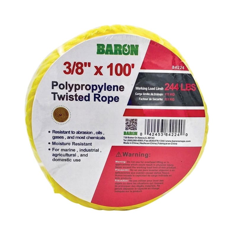 Baron 84224 Rope, 3/8 in Dia, 100 ft L, 244 lb Working Load, Polypropylene, Yellow