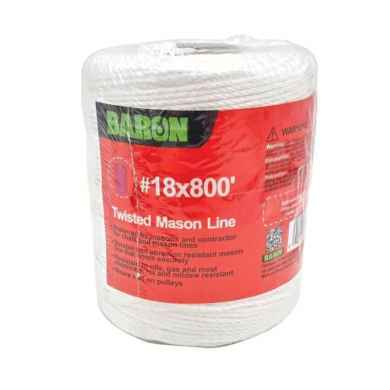 Baron 70817 Twisted Mason Line, #18 Dia, 800 ft L, 13 lb Working Load, Polyester, White