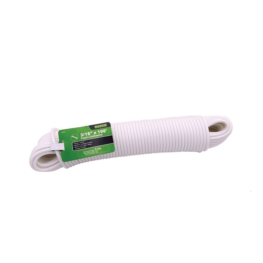 Baron 52604 Clothesline, 3/16 in, 100 ft L, Plastic, White