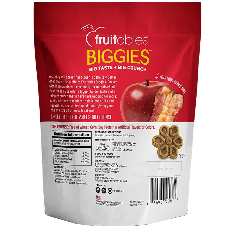 fruitables Biggies Series 1030778 Dog Treat, Crunchy, Apple, Crispy Bacon Flavor, 16 oz Bag