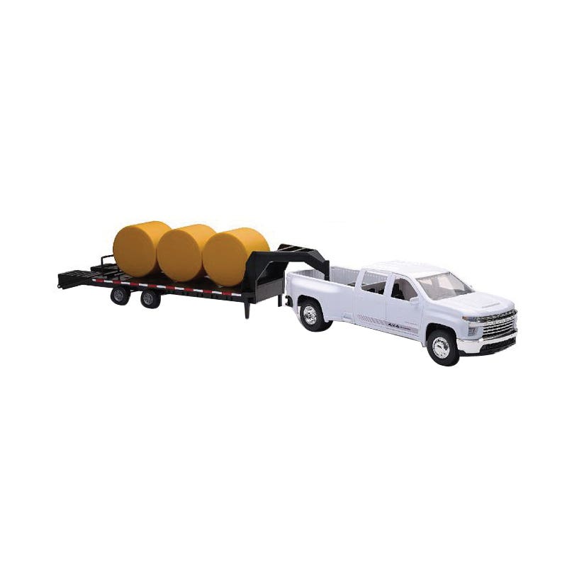 NewRay Toy, 1:20 Scale Chevrolet 3500HD Dually with Gooseneck Trailer and Haybales