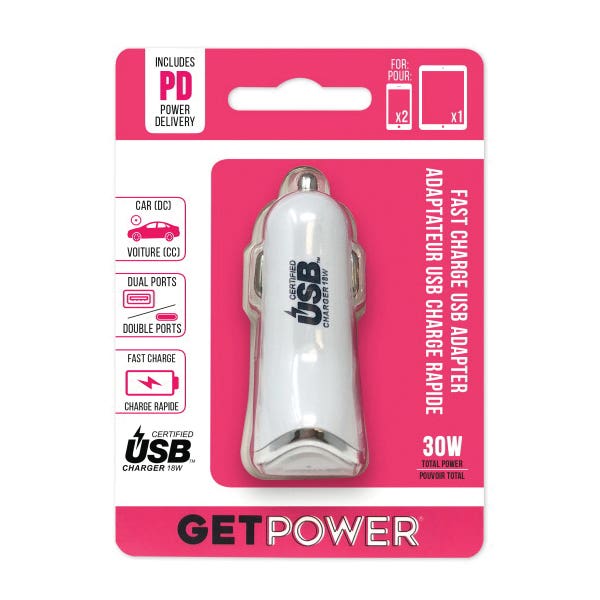 GetPower Dual Port DC Car Adapter, 2.4 A Output, White Housing
